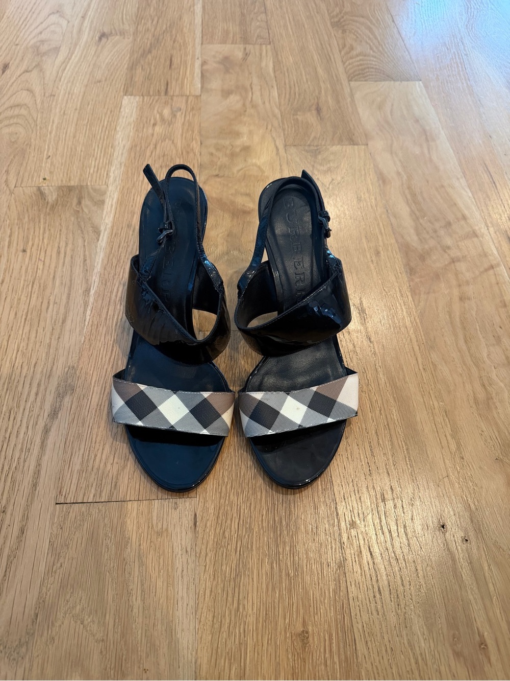 Burberry Black Patent Slingback Sandals with Signature Check Strap